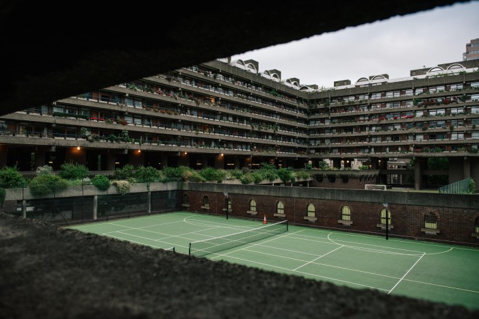 Looking across the tennis court from a walkway at the Barbican