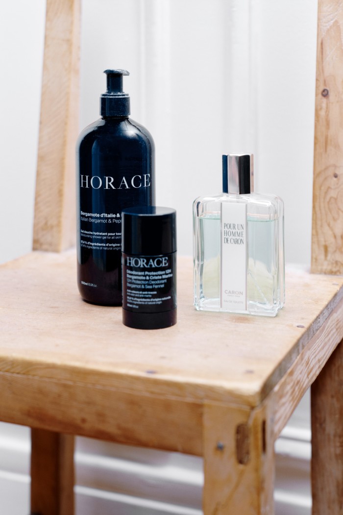 His grooming essentials, including Horace face cleanser and Caron’s Pour Un Homme de Caron