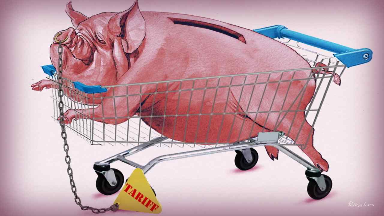 Illustration of a piggy bank in a trolley with a chain hanging from the pig’s nose and a sign on the end reading ‘tariff’