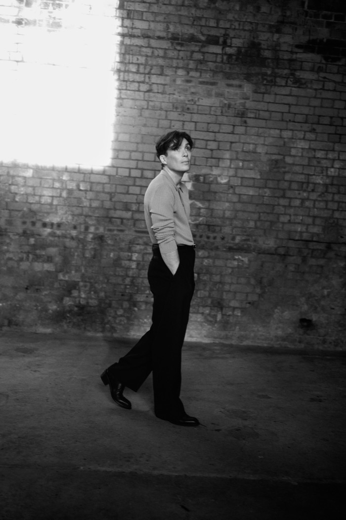 Versace fine-rib wool top, £700, wool trousers, £810, and leather belt, £330. John Lobb leather Freddi boots, £1,940. Bracelets, Cillian’s own