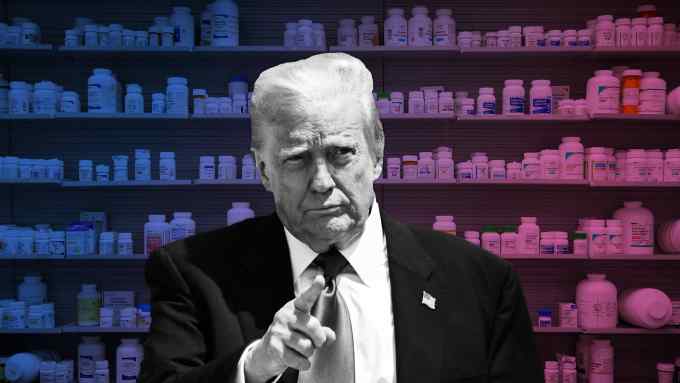 Montage showing Donald Trump in front of shelf of prescription drugs