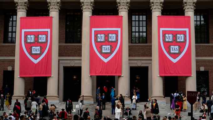 Harvard banners in front Widener Library during the 374th Harvard Commencement in Harvard Yard in Cambridge, Massachusetts