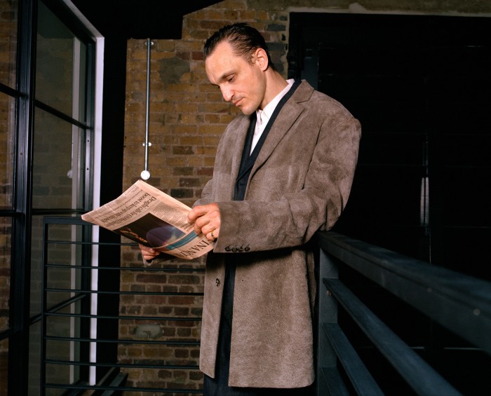 Franz Rogowski wears Sean Suen leather jacket,?€1,380. Loro Piana cotton/cashmere Torino jacket, £3,765, matching trousers, £1,345, and cotton/silk André shirt, £890