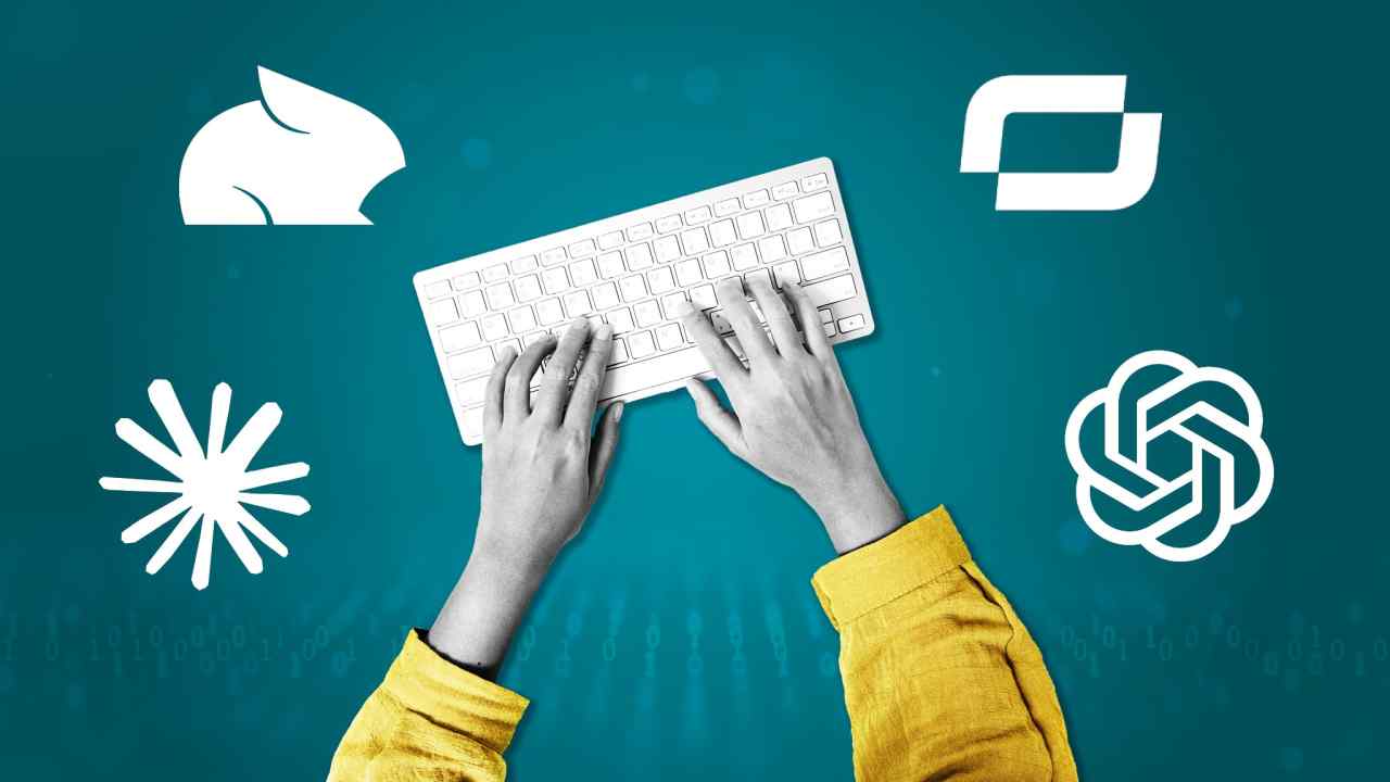 Montage image of hands typing on a keyboard surrounded by AI company logos