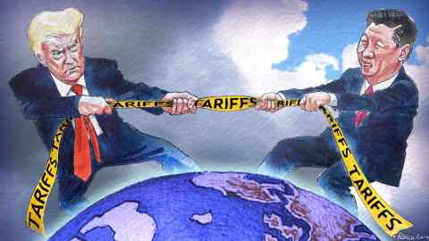 James Ferguson illustration of Donald Trump and Xi Jinping standing on the globe as they engage in a tug of war  using a yellow ribbon with the word tariffs repeated across it