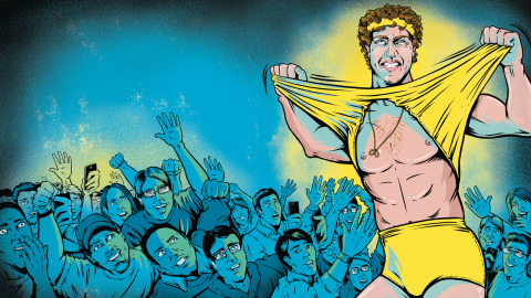 Cartoon-style man wearing a yellow headband and trunks tears open his yellow top, flexing in front of an excited crowd