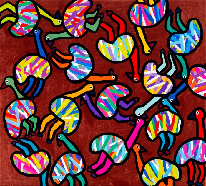 ‘Multicultural’, 2021, by Palawa artist Thelma Beeton – a painting of vividly coloured emus on a crimson background and winner of an award at the Koorie Heritage Trust’s Ninth Koorie Art Show