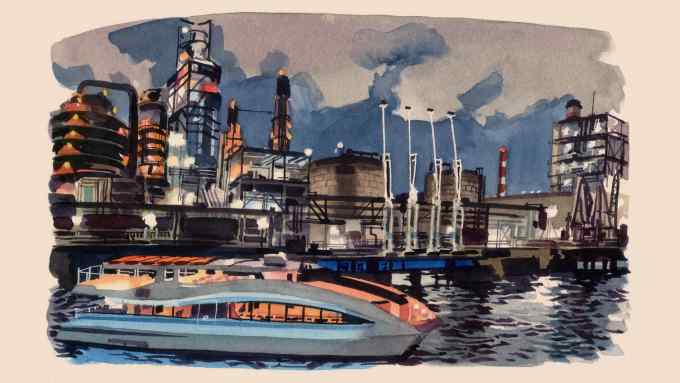 A watercolour illustration of a harbourside industrial plant, with pipes and chimneys floodlit against a night sky, and a boat on the water in the foreground