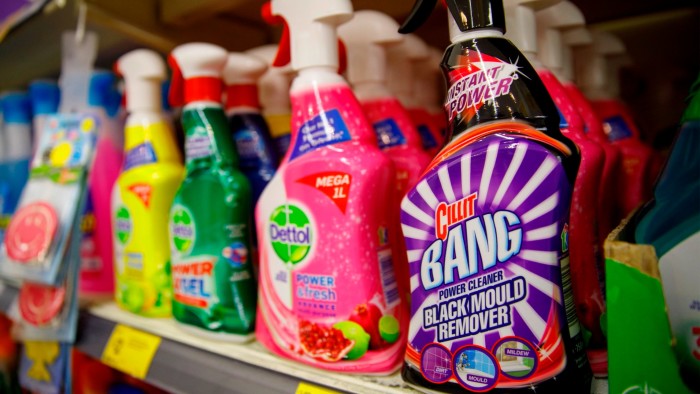 Reckitt products Dettol and Cillit Bang are seen on the shelves of a Morrison’s in Wood Green