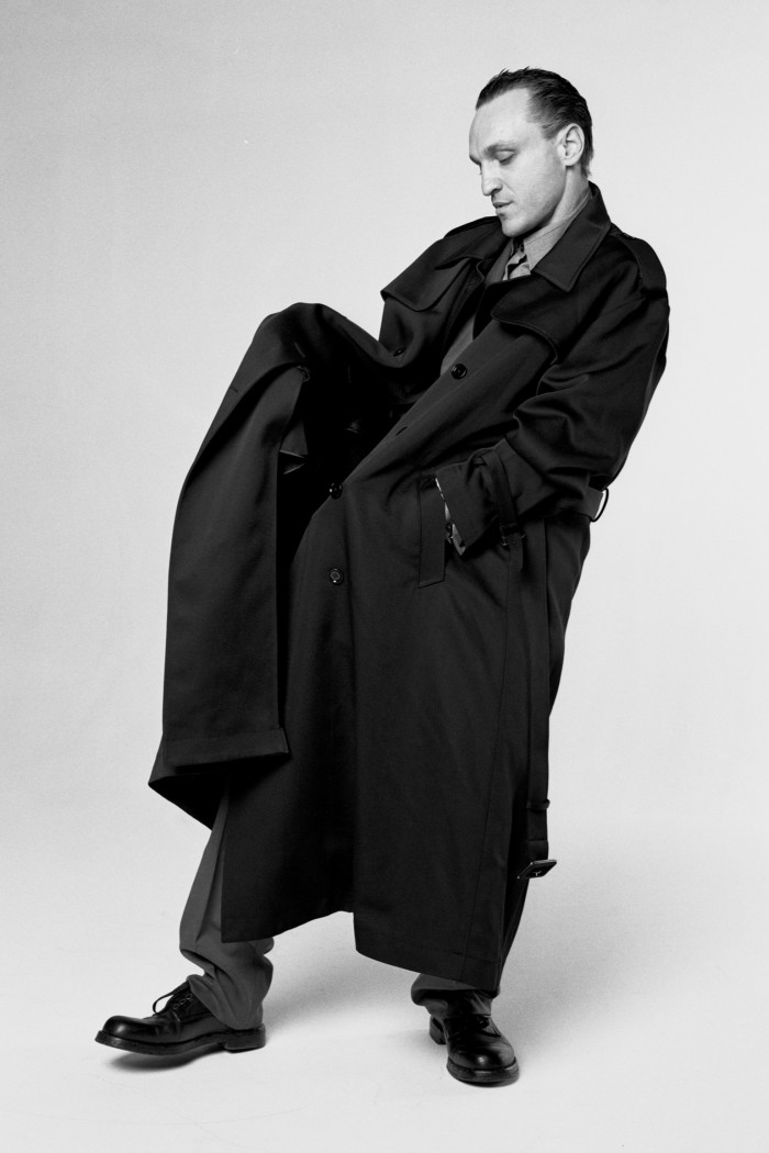 Dolce &?Gabbana gabardine wool trench, £3,400, and?leather lace-up shoes, £1,000. Brioni silk/ cashmere/linen New Plume suit, £7,530, and cotton and silk shirt, £970