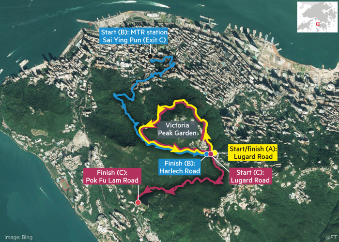 Globetrotter running map showing three routes around Victoria Peak loop, Hong Kong